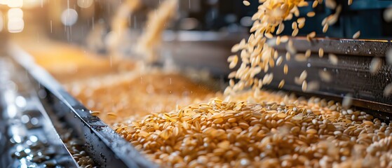 A Streams of rice grains being processed and poured in a facility, depicting the industrial scale of food production