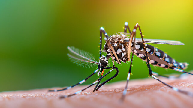 Closeup photo of a tiger mosquito with its thin legs and long wings visible while resting on skin.