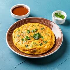 Indian spiced food egg masala omelet with red sauce on blue background