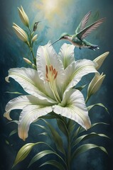 A painting that showcases a beautiful textured backdrop. White rose in full bloom, colorful hummingbird. The lily and hummingbird working in tandem to create an utterly mesmerizing and alluring scene.