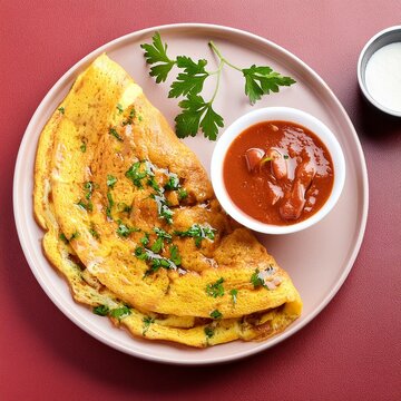 Indian spiced food egg masala omelet with red sauce on red background