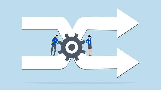 Change management, 4k animation of businessman staff team helps turn gear to control arrows of change of direction.