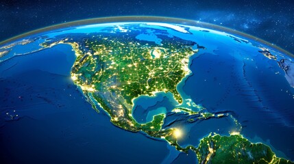 Fototapeta premium Nighttime satellite view earth globe with city lights, abstract usa map in north america