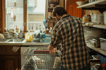 The man methodically loads dirty dishes into the dishwasher, his efficient movements ensuring that every item fits perfectly, ready for a complete wash cycle