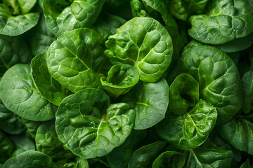 Obraz premium Fresh green spinach leaves close-up. Healthy food, organic salad ingredient. Vivid, vibrant, nutritious, garden-grown vegetables for a healthy diet.