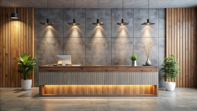Modern wooden reception desk stands against a rugged concrete wall in a sleek corporate interior, illuminated by soft, warm lighting in a futuristic 3d rendered scene.