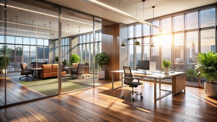 Fototapeta premium Sleek modern office interior featuring glass walls, polished wooden floor, and minimalist furniture, bathed in warm light, epitomizing contemporary workspace design sophistication.