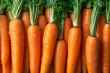 Fresh organic carrots with green tops arranged in a row, showcasing their vibrant orange color and...