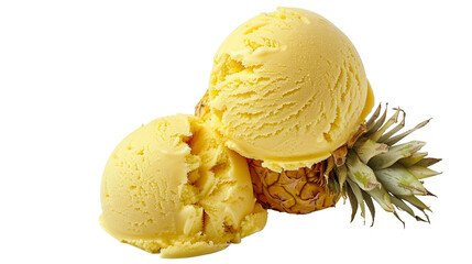 Fresh Pineapple Sherbet Ice Cream on Transparent Background, Tropical Fruit Dessert for Summer Treats and Refreshing Snacks, Studio Shot of Delicious Cold Sweet Food, Isolated Yellow Pineapple Slice.