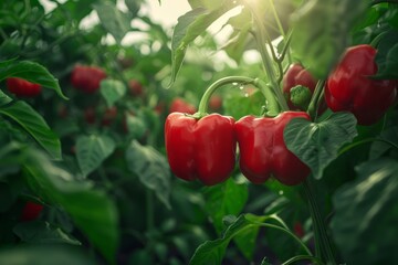 Red sweet peppers thrive on the plantation, ripening vibrantly under the sun, amidst lush greenery, promising a bountiful harvest
