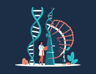 Tiny Female Character Carry Huge Human Dna Spiral Model. Doctor Conduct Laboratory Genetics Research Medicine Testing