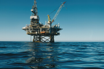 Offshore oil rig extracting crude oil from beneath the ocean floor on a sunny day