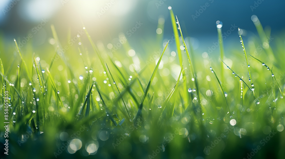 Poster Close-up of Dewy Grass Blades