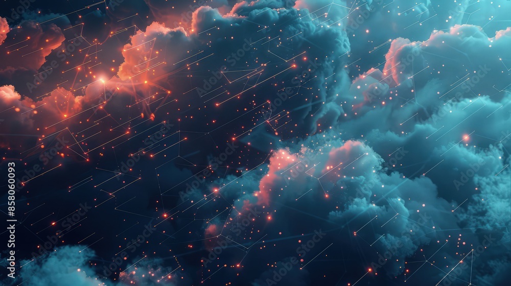 Poster a sleek and modern background with high-resolution digital clouds and tech-inspired elements, symbol