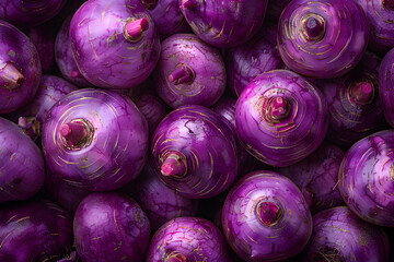 A close-up image of vibrant, fresh purple turnips showcasing their unique texture and vibrant hues in a detailed arrangement.