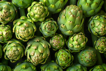 Fototapeta premium A close-up of fresh artichokes arranged in a pattern. Perfect for illustrating healthy eating, organic farming, and vegetable-related topics.