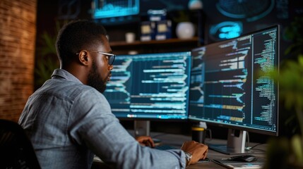 data engineer analyse datasets on multiple monitor workstation AIG41