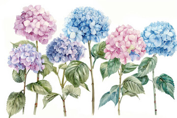 Fototapeta premium Colorful floral illustration showing pink and blue hortensia flowers with green leaves on a white background