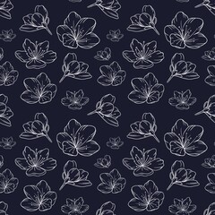 A delicate ornament of white flowers , on a dark blue background, meticulously hand-painted in an exquisite line-art style. Ideal for a variety of creative projects, from botanical prints to sophistic