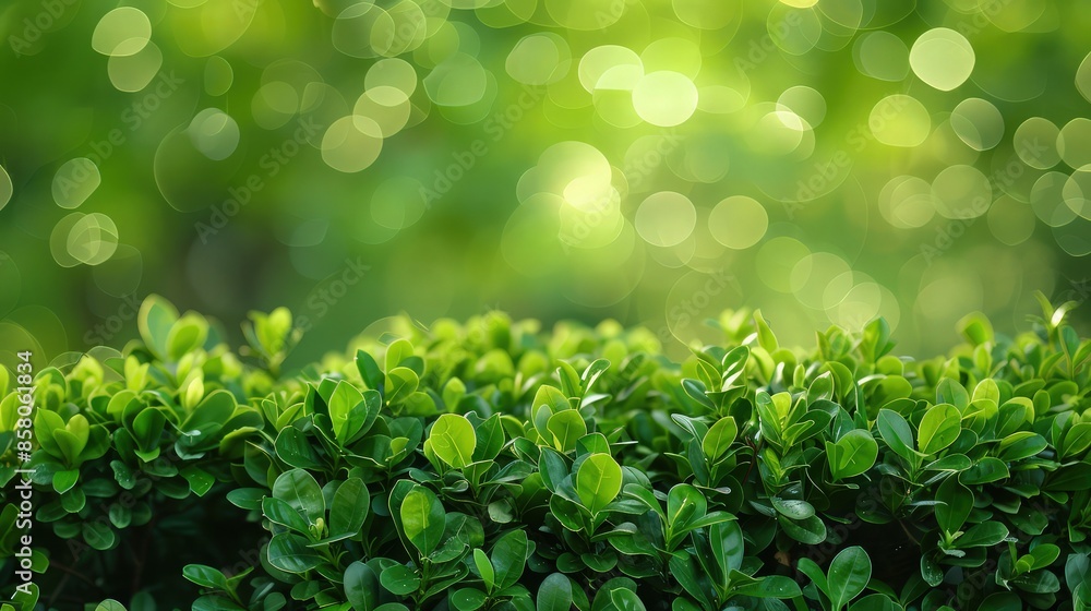 Poster a thick cluster of fresh green bushes, foreground sharply in focus with a softly blurred green backg