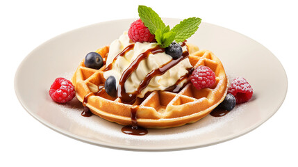 Plate of Belgian Waffles with Ice Cream and Caramel Sauce on Transparent Background, Close-up Shot of Delicious Dessert, Perfect for Gourmet Food Concepts