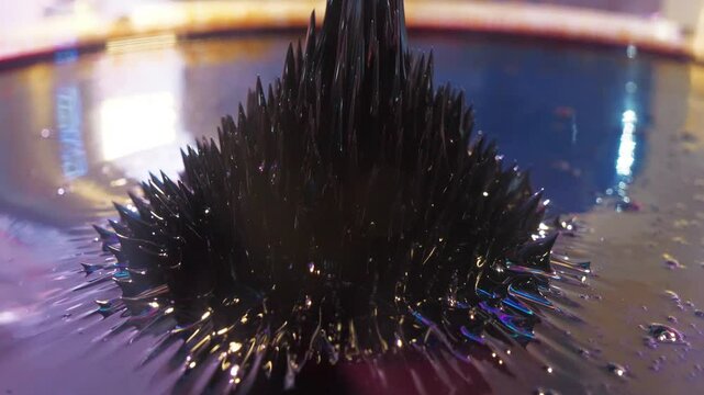 Ferromagnetic fluid. Real ferromagnetic fluid in action. Viscous ferrofluid spike-like shape. Ferromagnetic fluid creates amazing drawings spikes in magnetic field