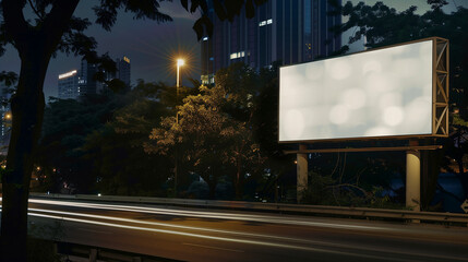 Blank billboard next to urban highway at night time.