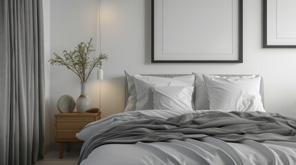 A minimalist bedroom with a grey bedspread and white pillows, a small wooden nightstand, and two framed pictures