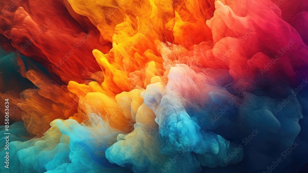 Poster explosive color burst in orange and blue. horizontal image of exploding motion of multicolored powde