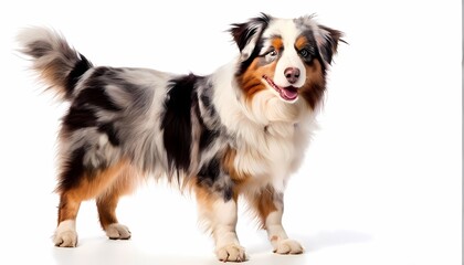 Fototapeta premium Australian shepherd dog breed standing against white background, Ai Generated