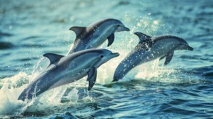 Obraz premium Three beautiful dolphins jumped out of the sea