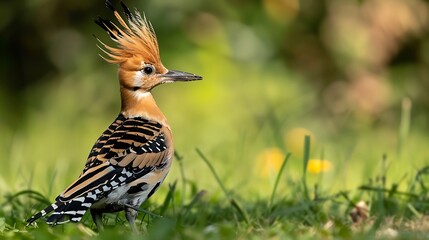 Eurasian hoopoe foraging set on grass close up view on hoopoe