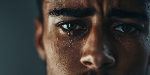 Obraz premium A close-up of a man with a single tear falling.