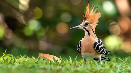 Eurasian hoopoe foraging set on grass close up view on hoopoe
