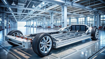 Obraz premium Futuristic electric sports car chassis with advanced battery packs on display at a high-tech ev factory, showcasing cutting-edge prototype designs on a wide banner with copy space.