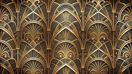 Intricate ornate vintage background featuring golden geometric patterns, arches, and swirls in an art deco style, evoking luxury and sophistication in a retro aesthetic.