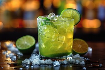 A refreshing caipiroska cocktail in a short glass, with muddled lime wedges, sugar, and vodka, served over crushed ice