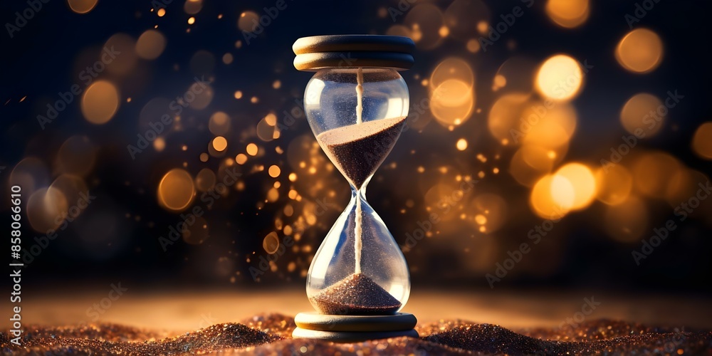 Poster symbolic hourglass passing time against neural network backdrop. concept neural networks, time symbo