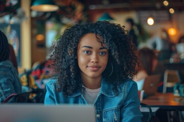 African-American Young Woman Working on Laptop at Cozy Café