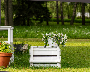 landscape with garden in summer, decorative objects, garden lighting, small garden in summer, summer