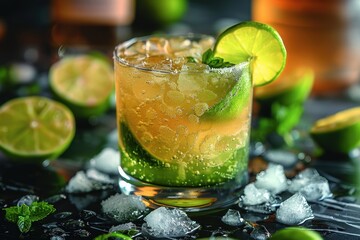 A refreshing caipiroska cocktail in a short glass, with muddled lime wedges, sugar, and vodka, served over crushed ice