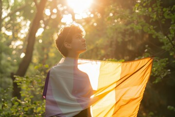 Serene Young Person Embracing Nature Holding Nonbinary Pride Flag at Sunset