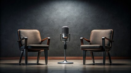 Two empty chairs positioned in front of microphones on a dark background, representing a podcast or interview setting, with ample negative space for text overlay.