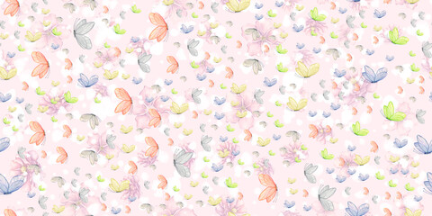 Seamless delicate pattern with flying butterflies, leaves and wild wildflowers, abstract summer floral watercolor print for fabric and wallpaper