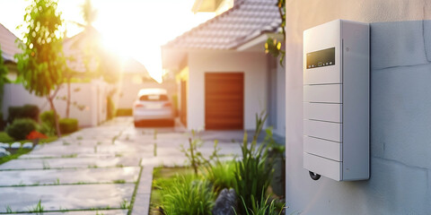 Concept of alternative electricity storage system in home battery batteries on the wall of a modern home garage as a backup or sustainable energy concept