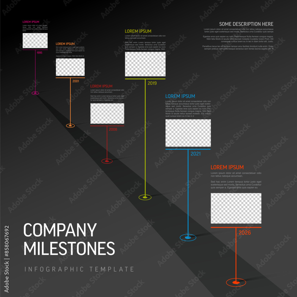 Poster simple dark road with pointers and photo placeholders time line template