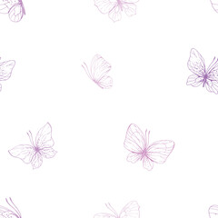 Butterflies are pink, blue, lilac, flying, delicate line art, clip art. Graphic illustration hand drawn in pink, lilac ink. Seamless pattern EPS vector.