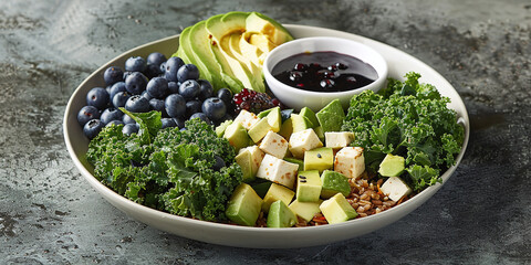 Artistic demonstration of a personalized meal plan with avocado, tofu, coleslaw and blueberries for a personalized touch