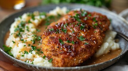 comfort food recipes, tender pork chops coated in crunchy breading, paired with creamy mashed potatoes and gravy, a perfect comfort meal for relaxing evenings at home
