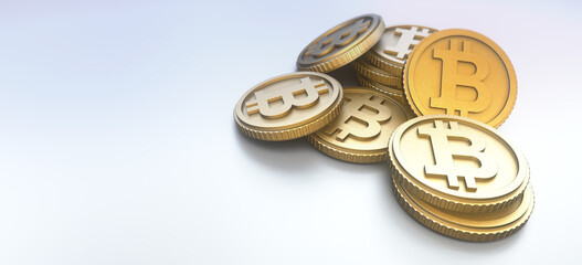 Realistic 3D illustration of Bitcoin, coin, digital currency and investment. Illustration of world digital currency gold coins. Bitcoin on a white background.